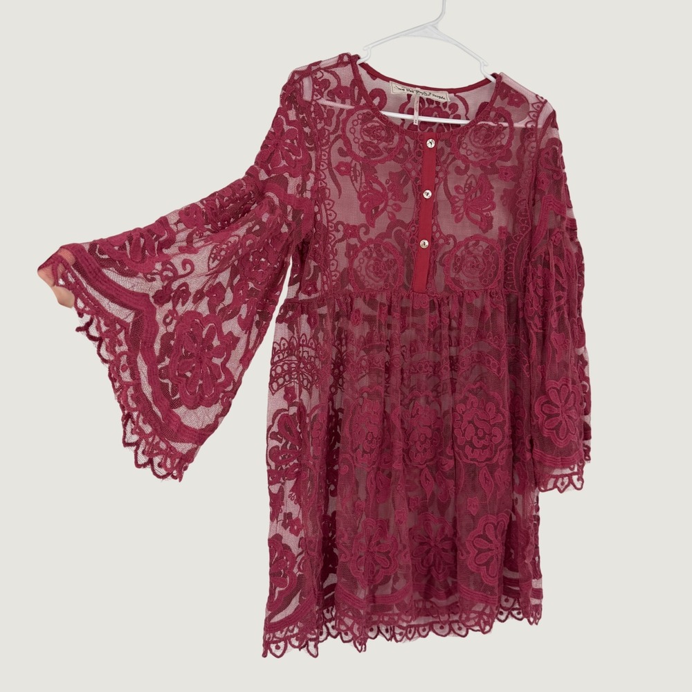 Jen's Pirate Booty for Free People Lace Bell Sleeve Mini Dress Rose Pink M Boho